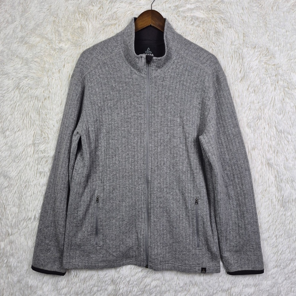 Prana Mens XL Barclay Wool Blend Full Zip Ribbed Sweater Jacket Heather Grey